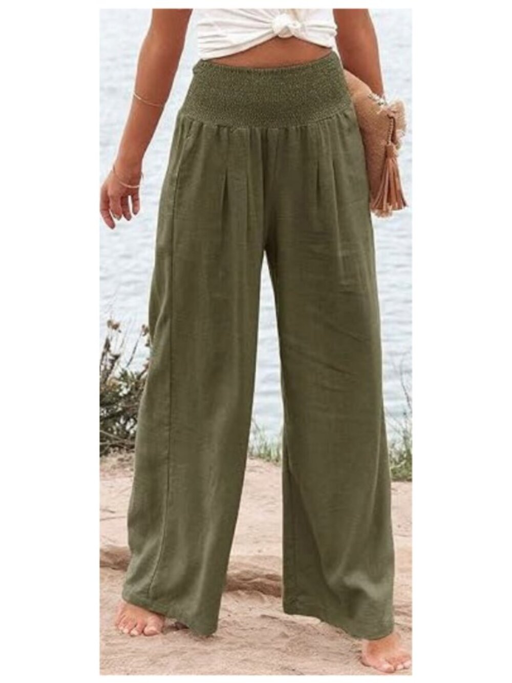 Bella Dahl 100% Linen Fold-Over Elastic Waist Wide Leg Pants Size M Olive Green